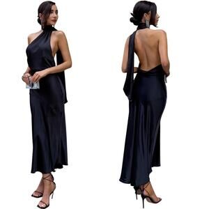 Mogidol Italian Summer Tie Neck Sleeveless Dress Black Satin size Medium NEW